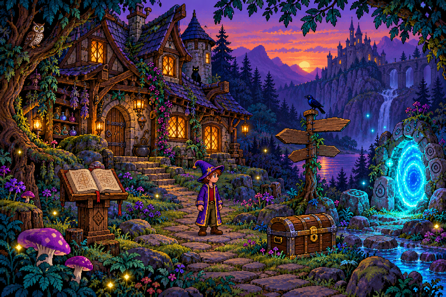 An enchanted forest clearing with a crooked cottage, an open spellbook, a purple-hatted adventurer, a treasure chest, and a glowing portal.